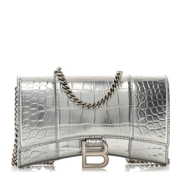 BALENCIAGA Shiny Calfskin Crocodile Embossed Hourglass Chain Bag Silver