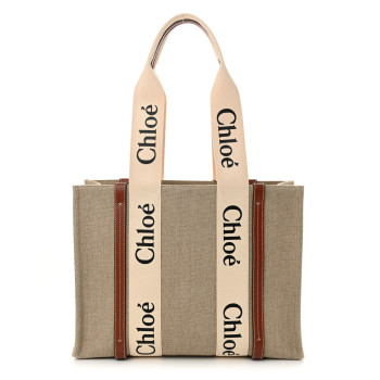 CHLOE Cotton Calfskin Medium Woody Ribbon Tote White Brown CHLOE Cotton Calfskin Medium Woody Ribbon Tote White Brown