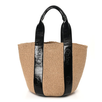 CHLOE Raffia Calfskin Crocodile Embossed Large Woody Tote Black CHLOE Raffia Calfskin Crocodile Embossed Large Woody Tote Black
