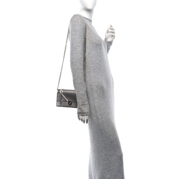 CHRISTIAN DIOR Metallic Patent Micro-Cannage Diorama Wallet on Chain Pouch Silver