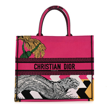 CHRISTIAN DIOR Canvas Embroidered Large Jungle Pop Book Tote Fuchsia Multicolor
