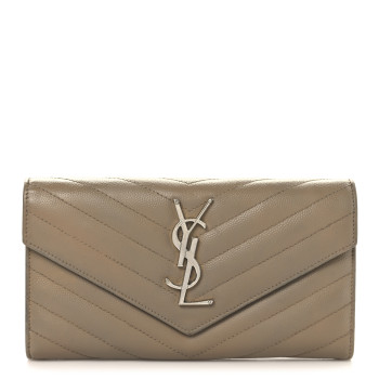 SAINT LAURENT Grain De Poudre Matelasse Chevron Monogram Flap Wallet Taupe SAINT LAURENT Grain De Poudre Matelasse Chevron Monogram Flap Wallet Taupe
