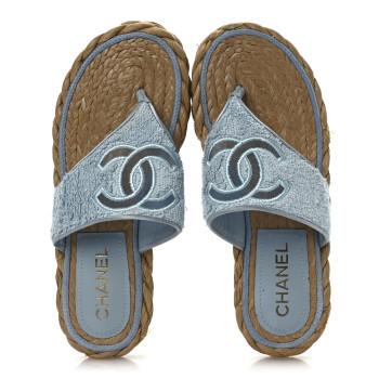 CHANEL Terry Cloth Raffia CC Logo Thong Sandals 37 Blue CHANEL Terry Cloth Raffia CC Logo Thong Sandals 37 Blue
