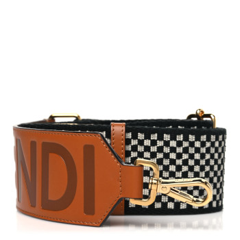 FENDI Ribbon Vitello King Logo Embossed Gingham Woven Adjustable Strap You Panna Black Cuoio
