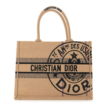 CHRISTIAN DIOR Canvas Jute Embroidered Medium Book Tote Black Beige CHRISTIAN DIOR Canvas Jute Embroidered Medium Book Tote Black Beige