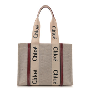 CHLOE Linen Calfskin Medium Woody Ribbon Tote White Brown CHLOE Linen Calfskin Medium Woody Ribbon Tote White Brown
