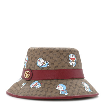 GUCCI X DORAEMON Mini Vintage GG Supreme Monogram Textured Dollar Calfskin Bucket Hat S Beige Cherry Red