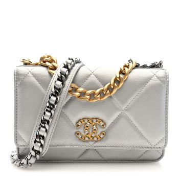 CHANEL Metallic Lambskin Quilted Chanel 19 Wallet On Chain WOC Silver CHANEL Metallic Lambskin Quilted Chanel 19 Wallet On Chain WOC Silver