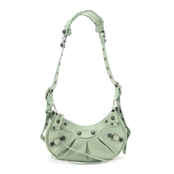 BALENCIAGA Extra Supple Calfskin Crocodile Embossed Le Cagole Shoulder Bag XS Light Green