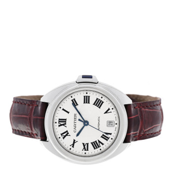 CARTIER Stainless Steel Alligator 35mm Cle De Cartier Automatic Watch Burgundy