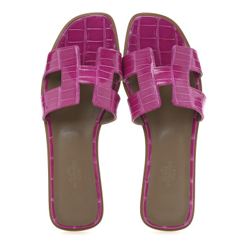 HERMES Shiny Alligator Oran Sandals 38 Rose Sheherazade HERMES Shiny Alligator Oran Sandals 38 Rose Sheherazade