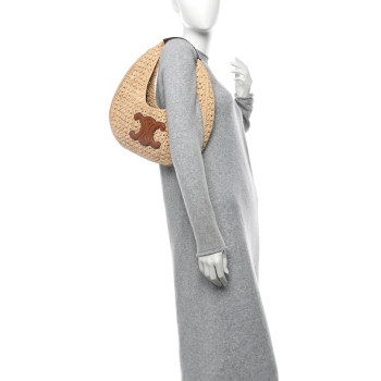 CELINE Raffia Calfskin Triomphe Panier Hobo Bag Natural Tan CELINE Raffia Calfskin Triomphe Panier Hobo Bag Natural Tan