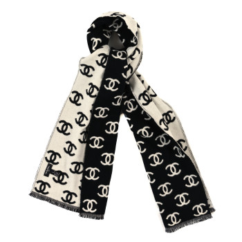 CHANEL Wool Cashmere CC Scarf Black White CHANEL Wool Cashmere CC Scarf Black White