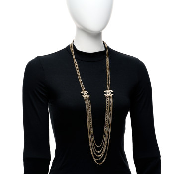 CHANEL Multi Strand Chain Baguette Crystal CC Necklace Gold Gold CHANEL Multi Strand Chain Baguette Crystal CC Necklace Gold Gold