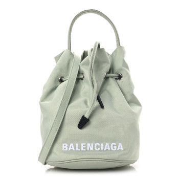 BALENCIAGA Recycled Sport Nylon Logo Embroidered Wheel Drawstring Bucket Bag Light Green White