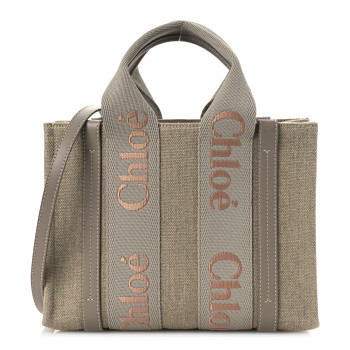 CHLOE Cotton Calfskin Small Woody Ribbon Tote With Strap Beige Taupe CHLOE Cotton Calfskin Small Woody Ribbon Tote With Strap Beige Taupe