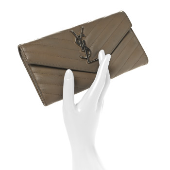 SAINT LAURENT Grain De Poudre Matelasse Chevron Monogram Flap Wallet Taupe SAINT LAURENT Grain De Poudre Matelasse Chevron Monogram Flap Wallet Taupe