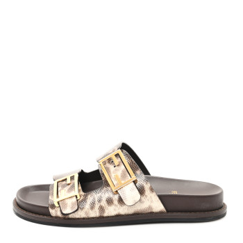 FENDI Vitello Karung Effect Fendi Feel Buckled Slide Sandals 37 Beige Brown