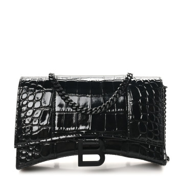BALENCIAGA Shiny Calfskin Monochrome Crocodile Embossed Hourglass Chain Bag Black