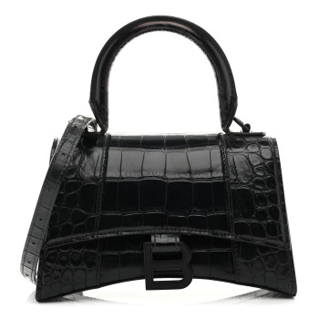 BALENCIAGA Shiny Calfskin Monochrome Crocodile Embossed Hourglass Top Handle Bag XS Black