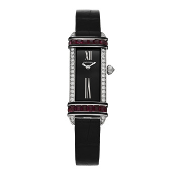 CARTIER 18K White Gold Alligator Diamond Ruby 15mm Tank Chinoise Quartz Watch Black