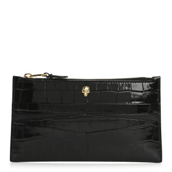 ALEXANDER MCQUEEN Calfskin Crocodile Embossed Skull Zip Wallet Card Holder Black ALEXANDER MCQUEEN Calfskin Crocodile Embossed Skull Zip Wallet Card Holder Black