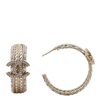 CHANEL Crystal Lambskin CC Double Chain Hoop Earrings Gold White CHANEL Crystal Lambskin CC Double Chain Hoop Earrings Gold White