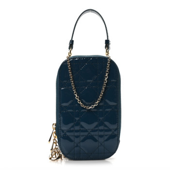 CHRISTIAN DIOR Patent Cannage Lady Dior Phone Holder Dior Blue