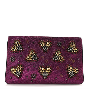 CHRISTIAN LOUBOUTIN Metallic Raffia Studded Loubiposh Chain Clutch Magenta CHRISTIAN LOUBOUTIN Metallic Raffia Studded Loubiposh Chain Clutch Magenta