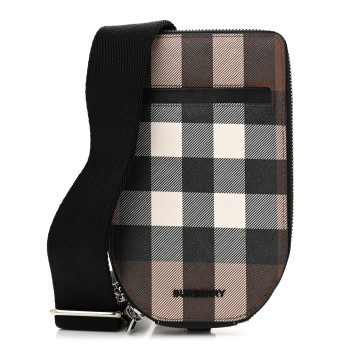 BURBERRY E-Canvas Check Phone Crossbody Bag Dark Birch Brown