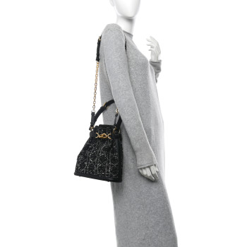 CHRISTIAN DIOR Calfskin Tweed Cannage Medium C'est Chain Bucket Bag Black White