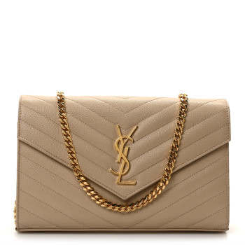 SAINT LAURENT Grain De Poudre Matelasse Chevron Monogram Chain Wallet Dark Beige SAINT LAURENT Grain De Poudre Matelasse Chevron Monogram Chain Wallet Dark Beige