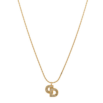 CHRISTIAN DIOR Crystal Logo Necklace Gold