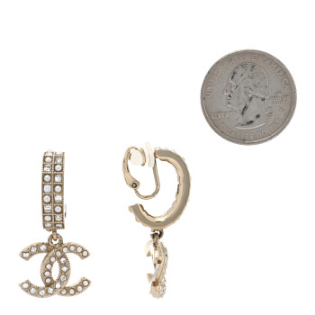 CHANEL Crystal Pearl CC Drop Clip On Earrings Gold CHANEL Crystal Pearl CC Drop Clip On Earrings Gold