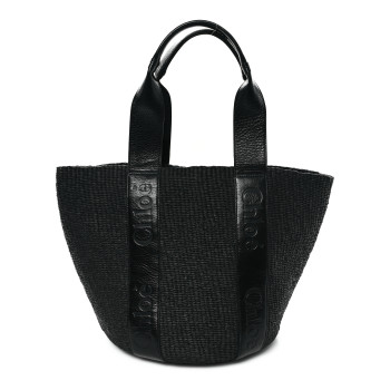 CHLOE Raffia Calfskin Large Woody Basket Bag Black CHLOE Raffia Calfskin Large Woody Basket Bag Black