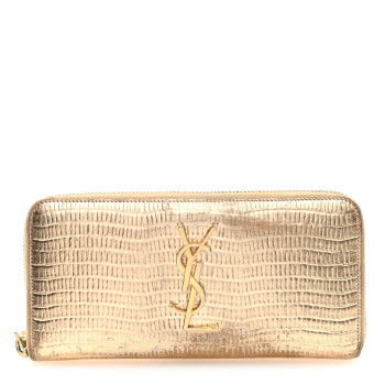 SAINT LAURENT Lizard Calfskin Embossed Monogram Zip Around Wallet Gold SAINT LAURENT Lizard Calfskin Embossed Monogram Zip Around Wallet Gold