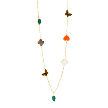 VAN CLEEF & ARPELS 18K Yellow Gold Mother of Pearl Malachite Carnelian Tiger Eye 12 Motif Lucky Alhambra Necklace