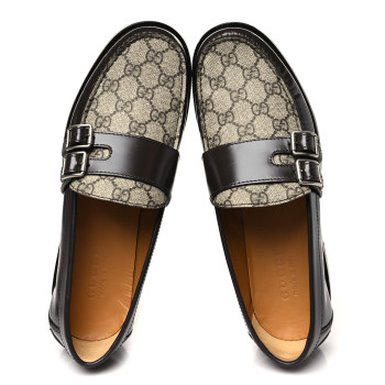 GUCCI GG Supreme Monogram Mens Double Buckle Loafers 9 Beige Ebony Cocoa