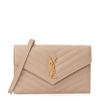 SAINT LAURENT Grain De Poudre Matelasse Chevron Monogram Envelope Chain Wallet Dark Beige SAINT LAURENT Grain De Poudre Matelasse Chevron Monogram Envelope Chain Wallet Dark Beige