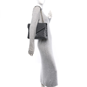 SAINT LAURENT Calfskin Y Quilted Monogram Medium Loulou Chain Satchel Storm SAINT LAURENT Calfskin Y Quilted Monogram Medium Loulou Chain Satchel Storm