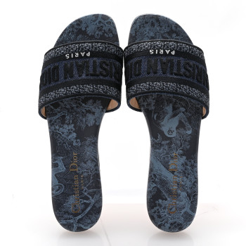 CHRISTIAN DIOR Canvas Dior Embroidered Dway Flat Slide Sandals 36 Navy Blue