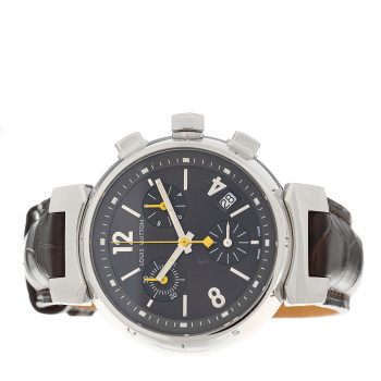 LOUIS VUITTON Stainless Steel Alligator 34mm Tambour Chronograph Quartz Watch Brown LOUIS VUITTON Stainless Steel Alligator 34mm Tambour Chronograph Quartz Watch Brown