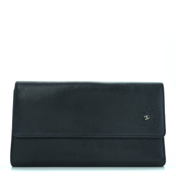 CHANEL Goatskin Camellia Embossed Flap Wallet Black CHANEL Goatskin Camellia Embossed Flap Wallet Black