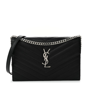 SAINT LAURENT Grain De Poudre Matelasse Chevron Monogram Envelope Chain Wallet Black SAINT LAURENT Grain De Poudre Matelasse Chevron Monogram Envelope Chain Wallet Black