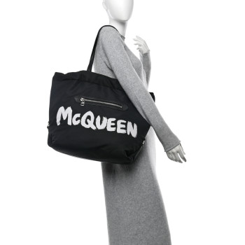 ALEXANDER MCQUEEN Nylon Graffiti Logo The Bundle Tote Black White ALEXANDER MCQUEEN Nylon Graffiti Logo The Bundle Tote Black White