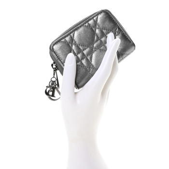 CHRISTIAN DIOR Metallic Calfskin Cannage Compact Zip Card Wallet Silver