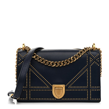 CHRISTIAN DIOR Lambskin Studded Medium Diorama Flap Bag Navy Blue