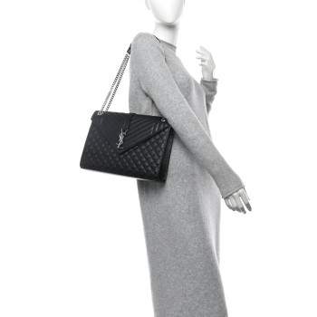 SAINT LAURENT Grain De Poudre Textured Mixed Matelasse Large Triquilt Monogram Satchel Black SAINT LAURENT Grain De Poudre Textured Mixed Matelasse Large Triquilt Monogram Satchel Black