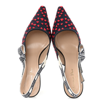CHRISTIAN DIOR Canvas Ribbon Pop Heart I Love Paris Embroidered J'Adior Slingback 65mm Pumps 39.5 Deep Blue Red
