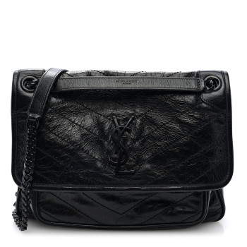 SAINT LAURENT Crinkled Calfskin Matelasse Monogram Medium Niki Chain Satchel Black SAINT LAURENT Crinkled Calfskin Matelasse Monogram Medium Niki Chain Satchel Black